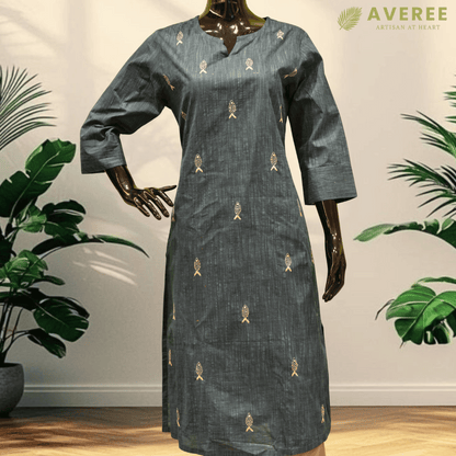 Teal Green Cotton Hand Embroidered Slim Fit Kurti