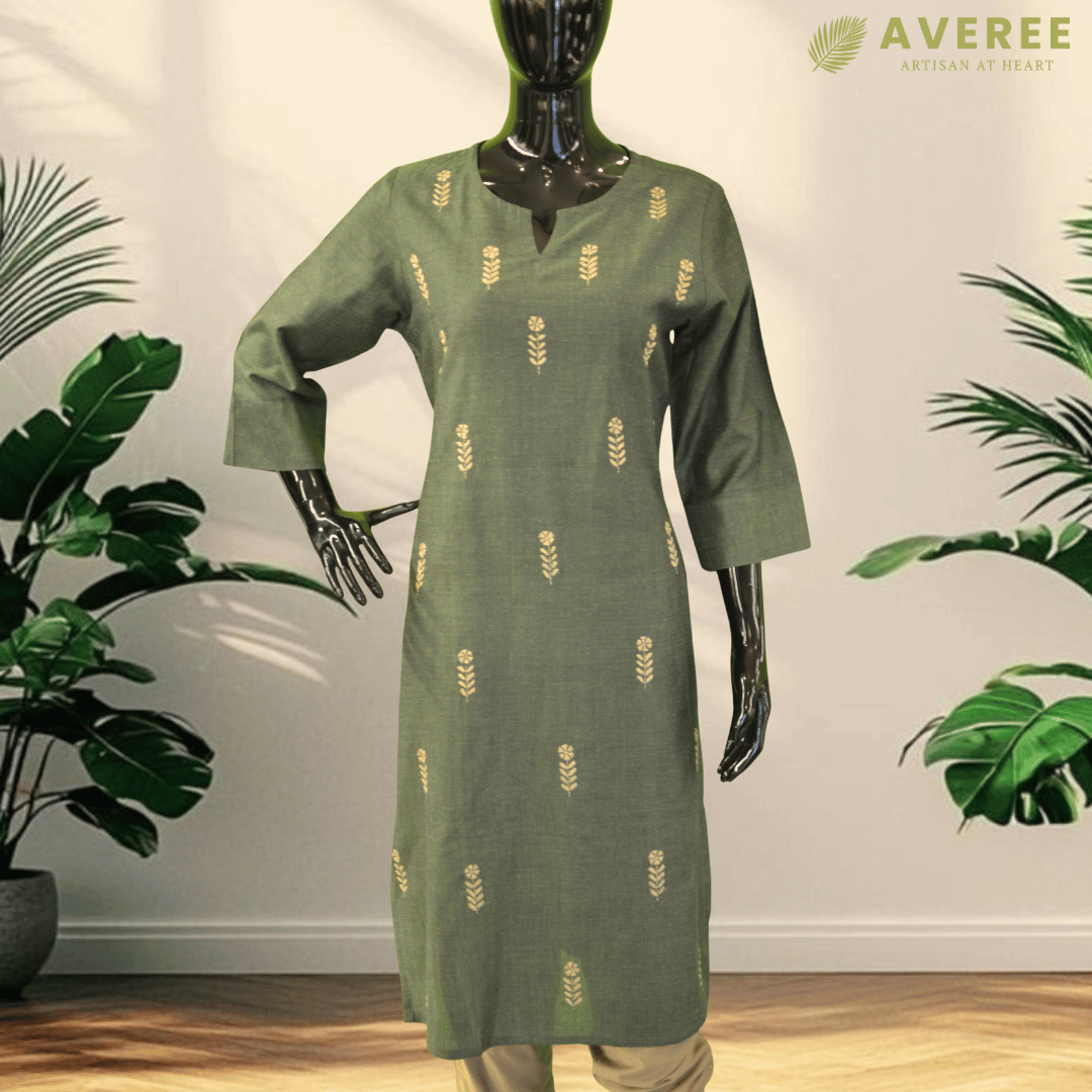 Green Cotton Hand Embroidered Slim Fit Kurti