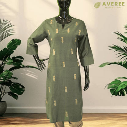 Green Cotton Hand Embroidered Slim Fit Kurti