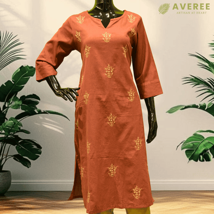 Rust Cotton Hand Embroidered Slim Fit Kurti