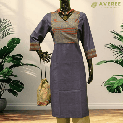 Purple Silk Hand Embroidered Slim Fit Kurti