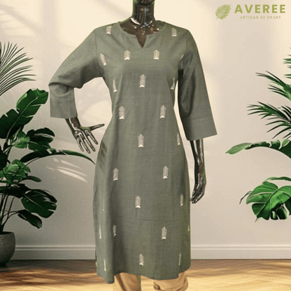 Olive Green Cotton Hand Embroidered Slim Fit Kurti