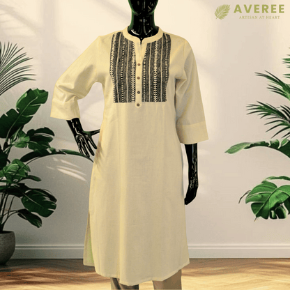 Off White Cotton Hand Embroidered Slim Fit Kurti