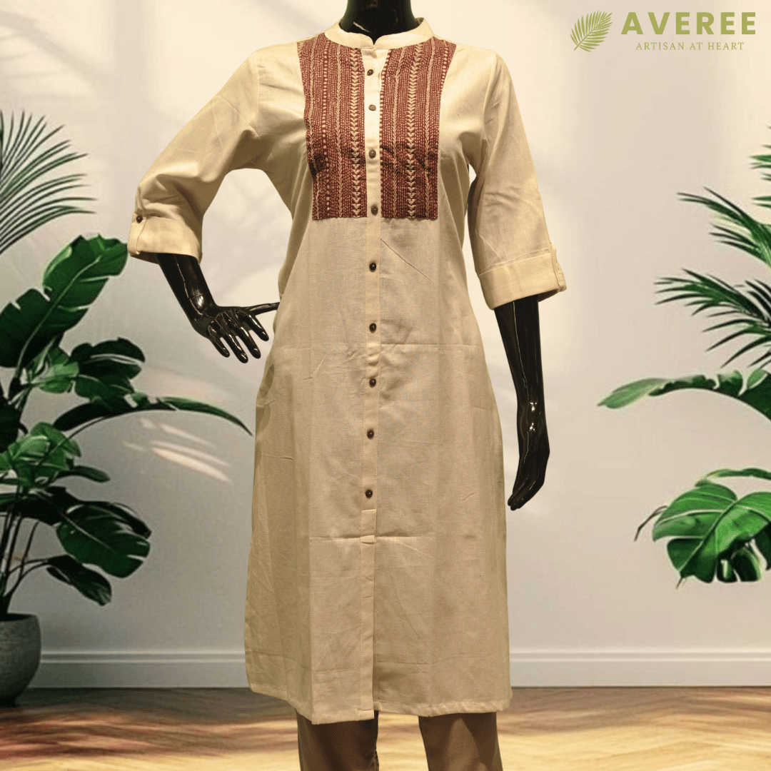 Red Cotton Hand Embroidered Slim Fit Kurti