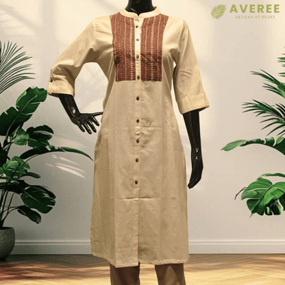 Red Cotton Hand Embroidered Slim Fit Kurti