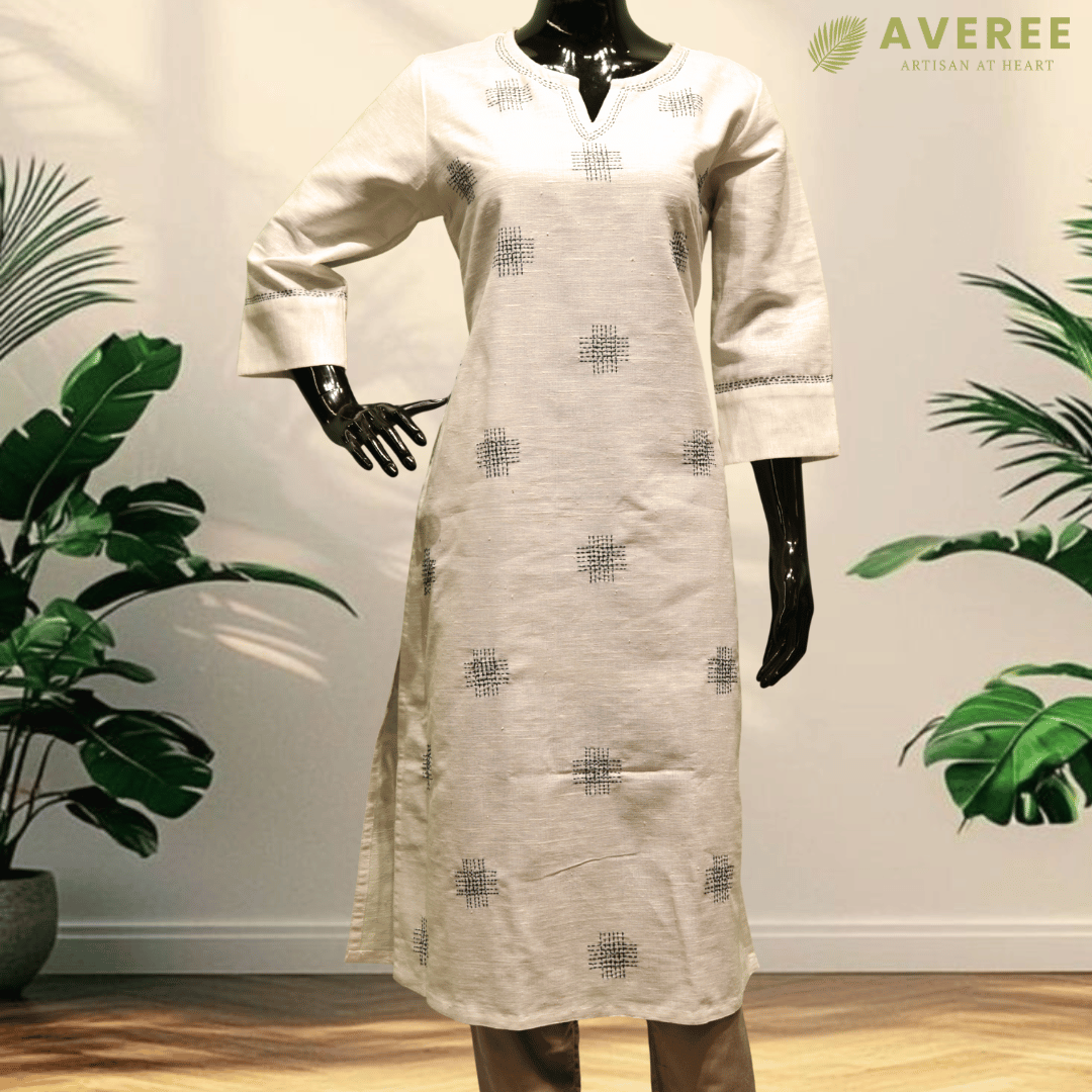 White Cotton Matka Hand Embroidered Slim Fit Kurti