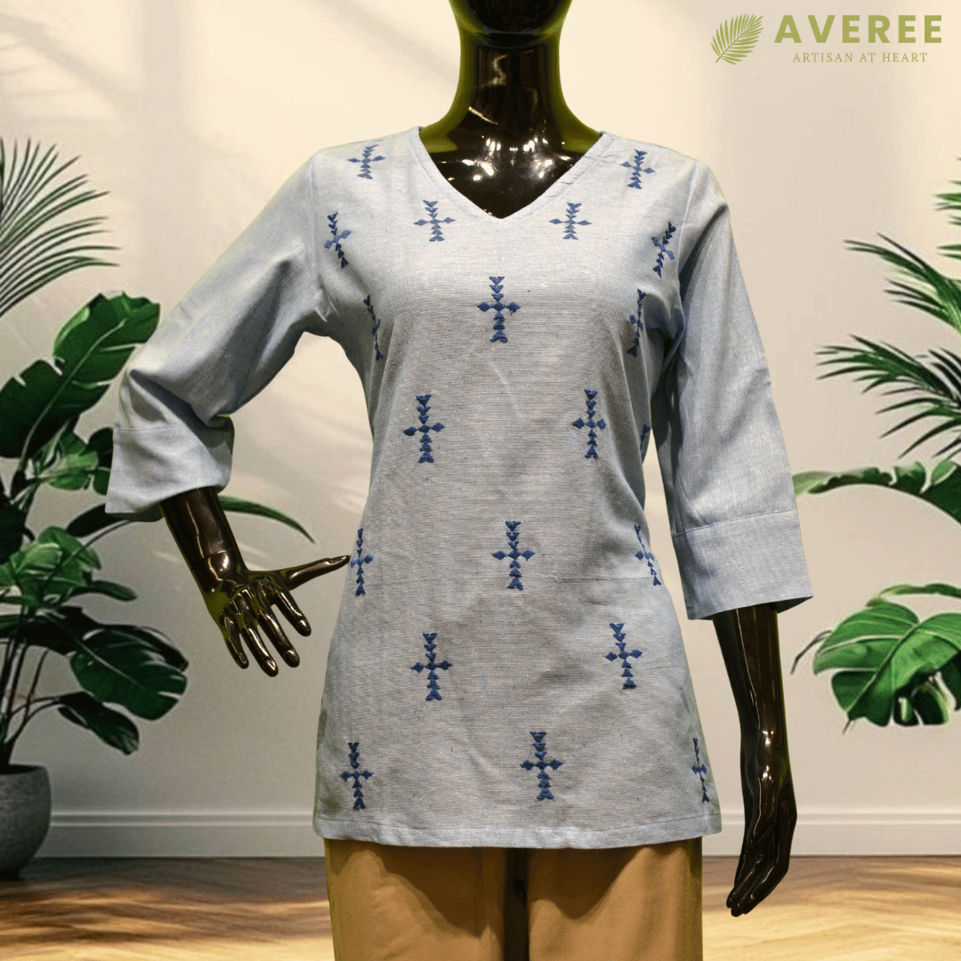 Light Blue Cotton Short Hand Embroidered Slim Fit Kurti