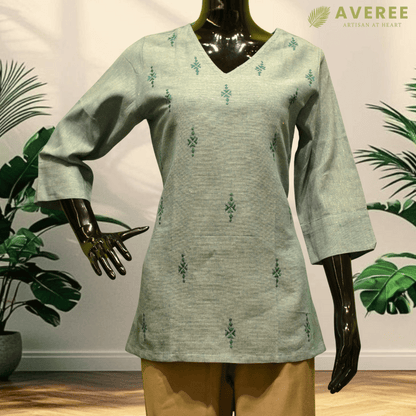 Mint Green Cotton Short Hand Embroidered Slim Fit Kurti