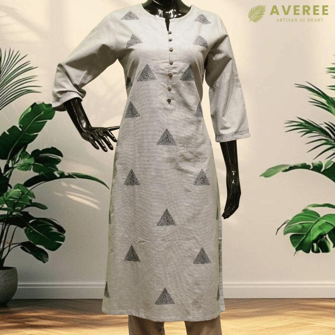 Blue Khadi Cotton Hand Embroidered Slim Fit Kurti