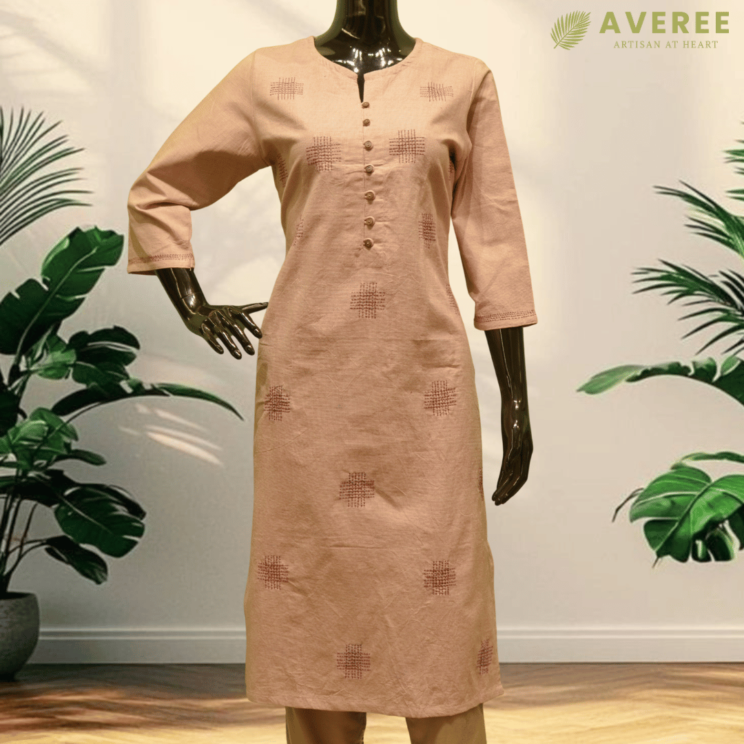 Pink Khadi Cotton Hand Embroidered Slim Fit Kurti