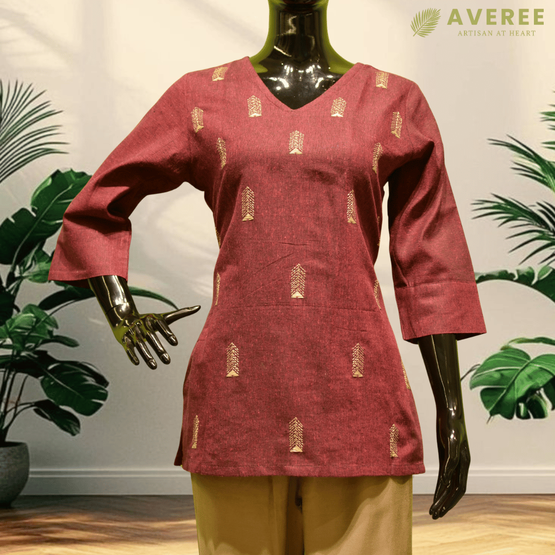 Maroon Cotton Short Hand Embroidered Slim Fit Kurti