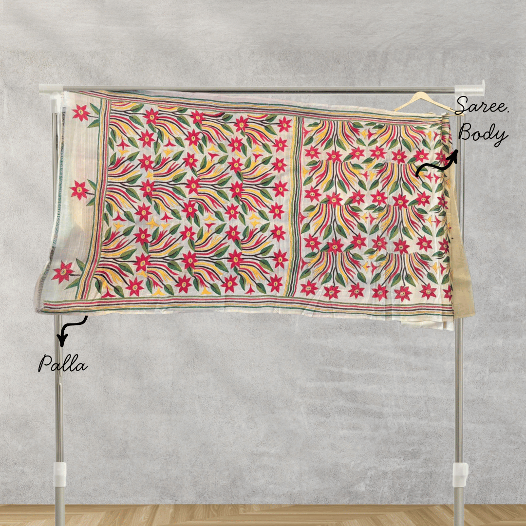 Tussar Saree with Flower Motif Kantha Work