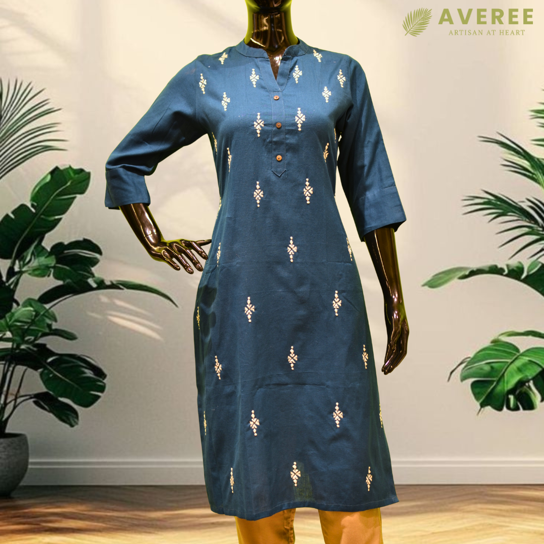 Blue Cotton Hand Embroidered Slim Fit Kurti