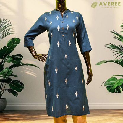 Blue Cotton Hand Embroidered Slim Fit Kurti