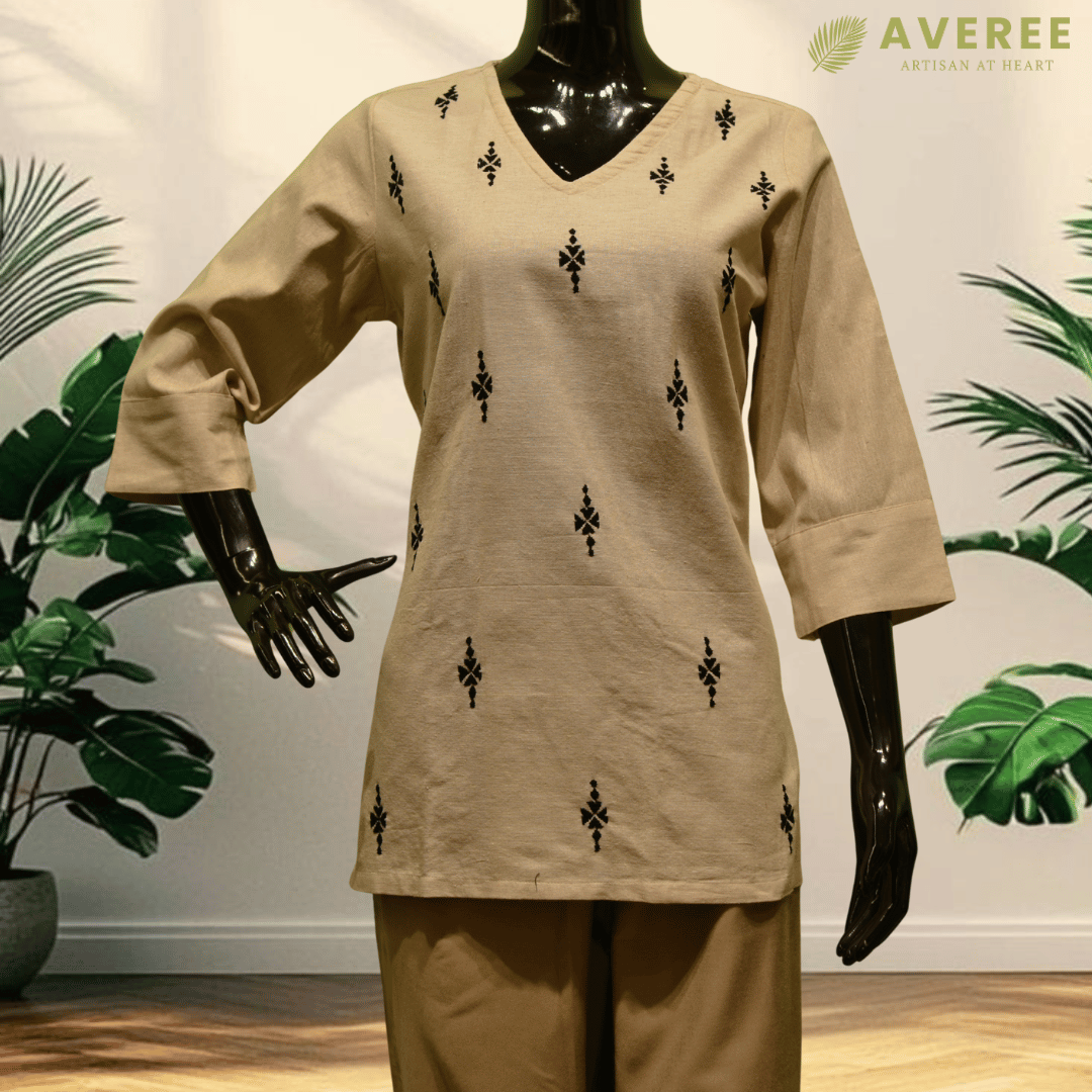 Cream Cotton Short Hand Embroidered Slim Fit Kurti