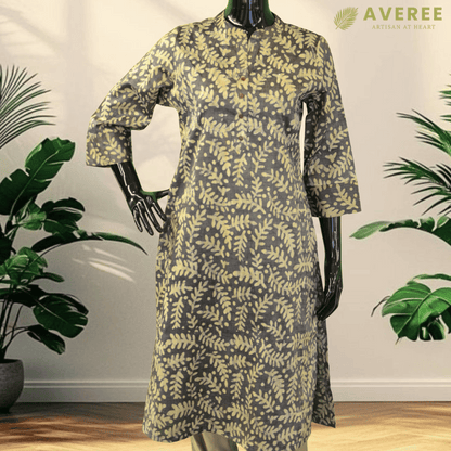 Grey Block Print Viscose Hand Embroidered Slim Fit Kurti