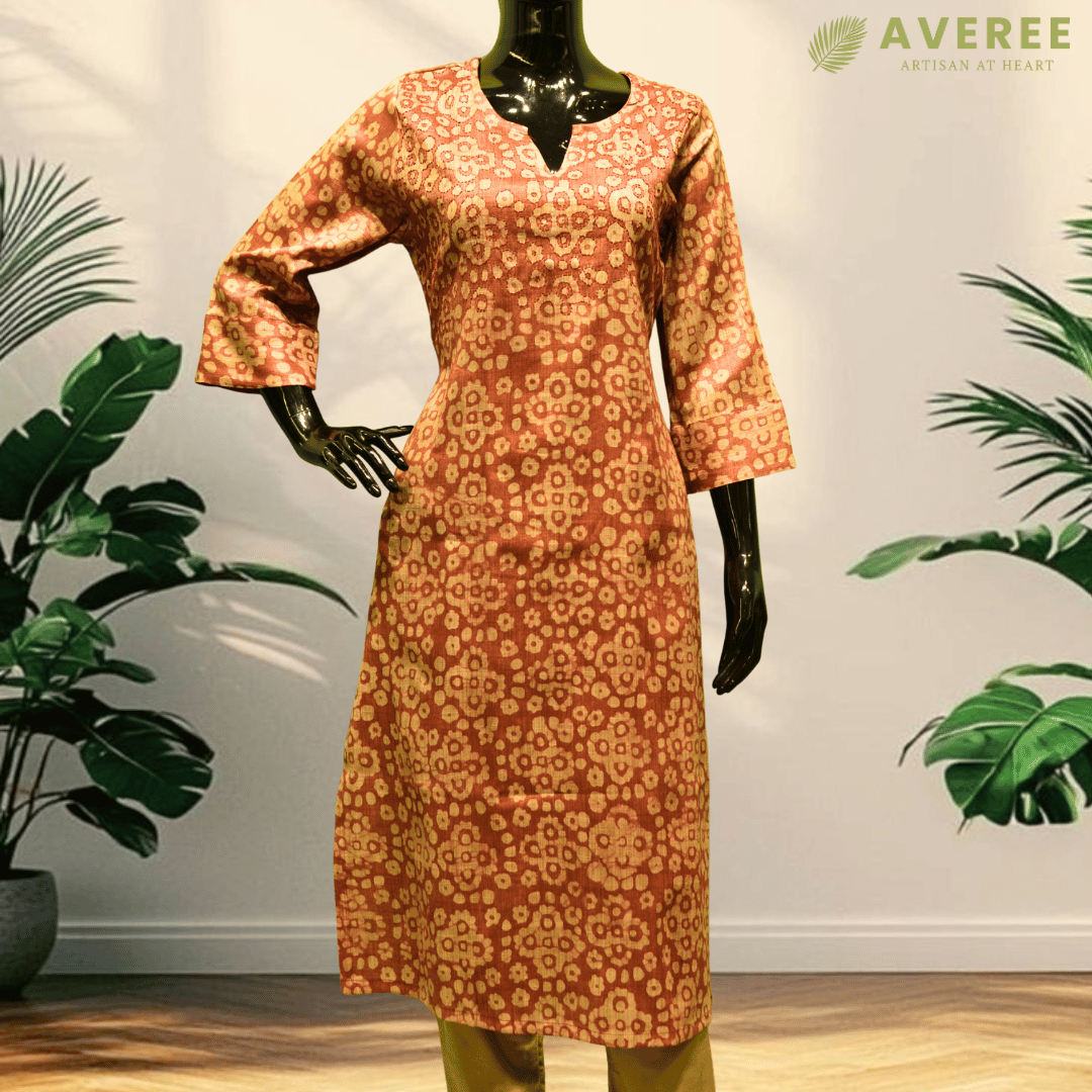 Burnt Orange Block Cotton Hand Embroidered Slim Fit Kurti