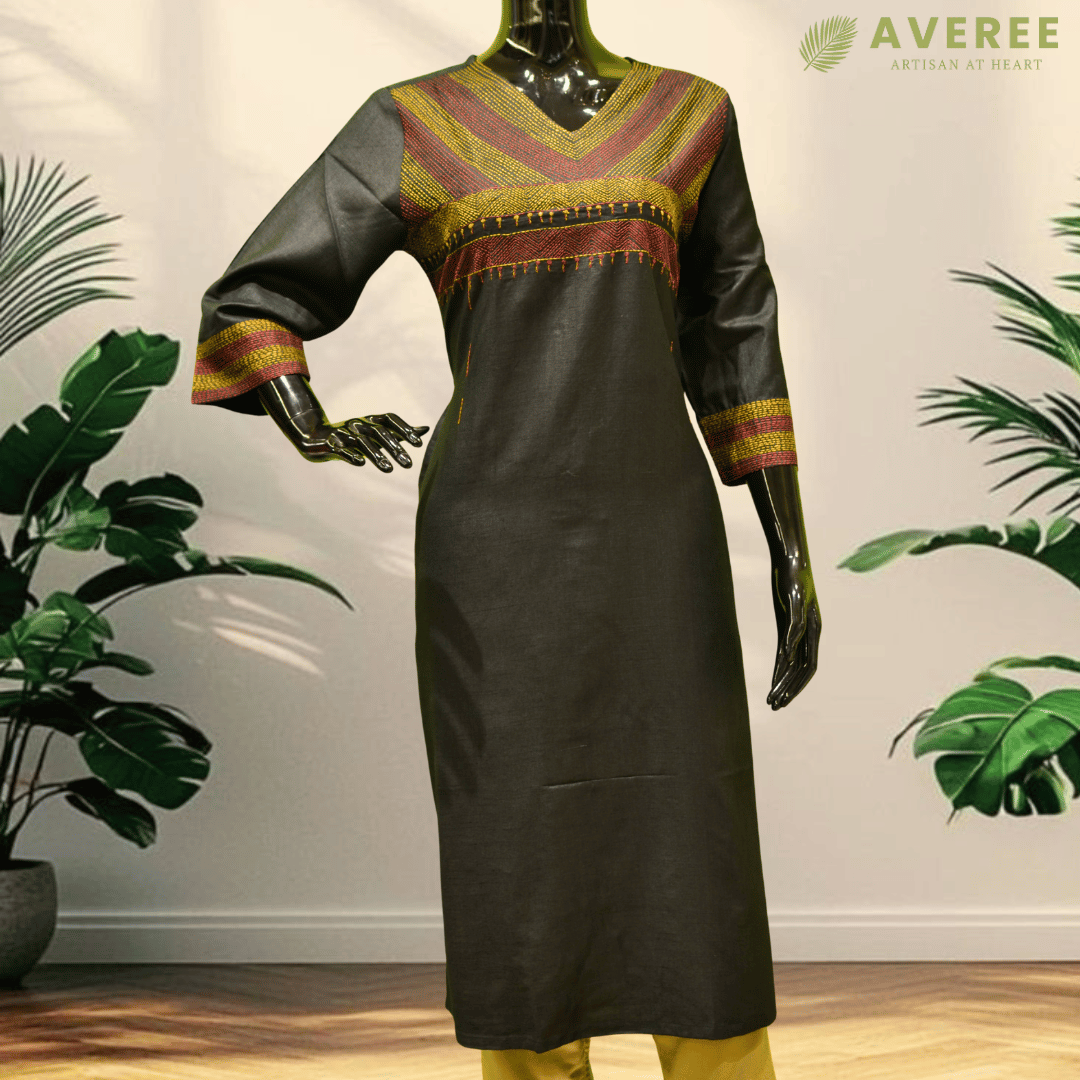 Black Silk Hand Embroidered Slim Fit Kurti