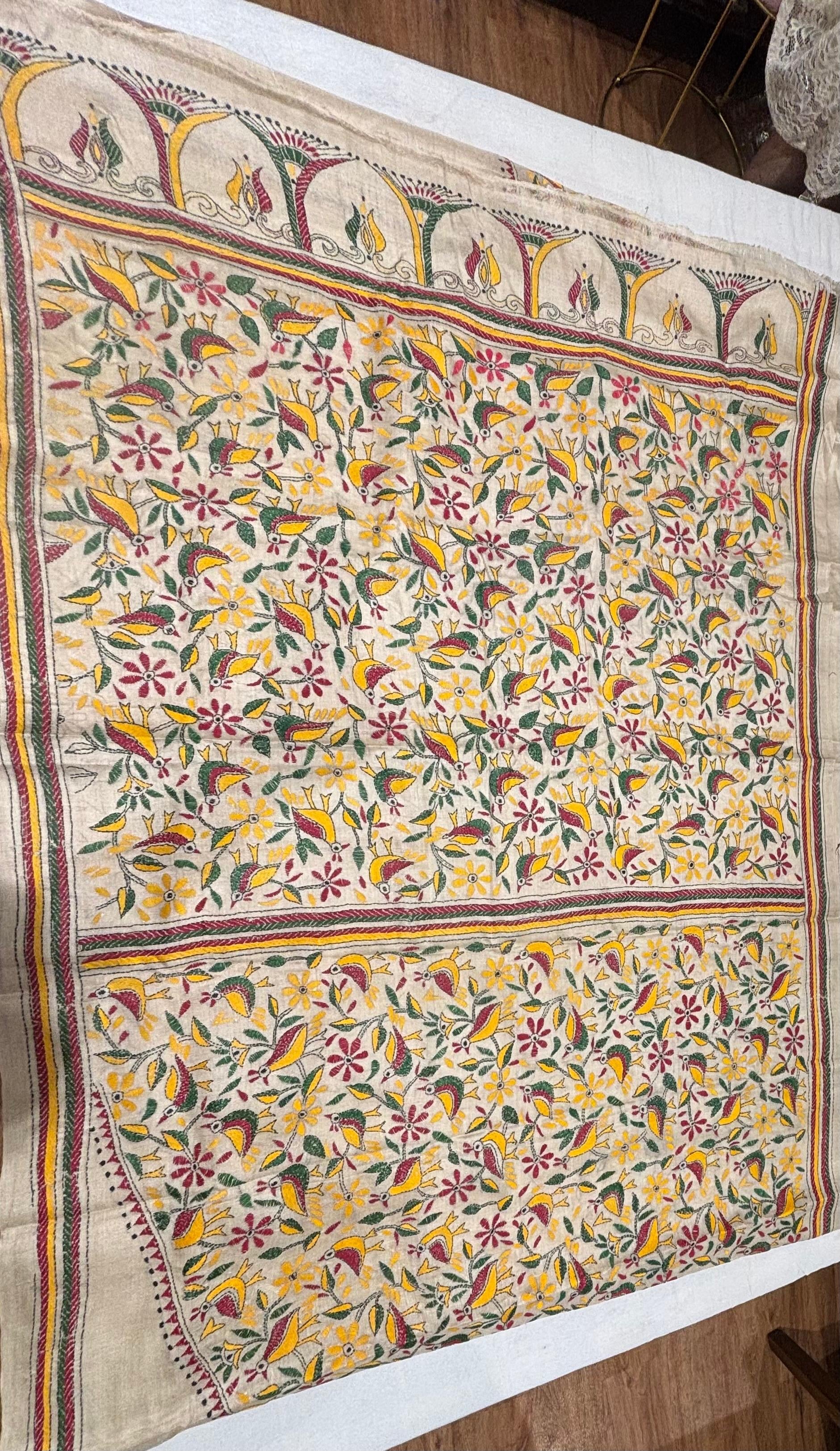 Multicolour bird motifs Tussar Saree