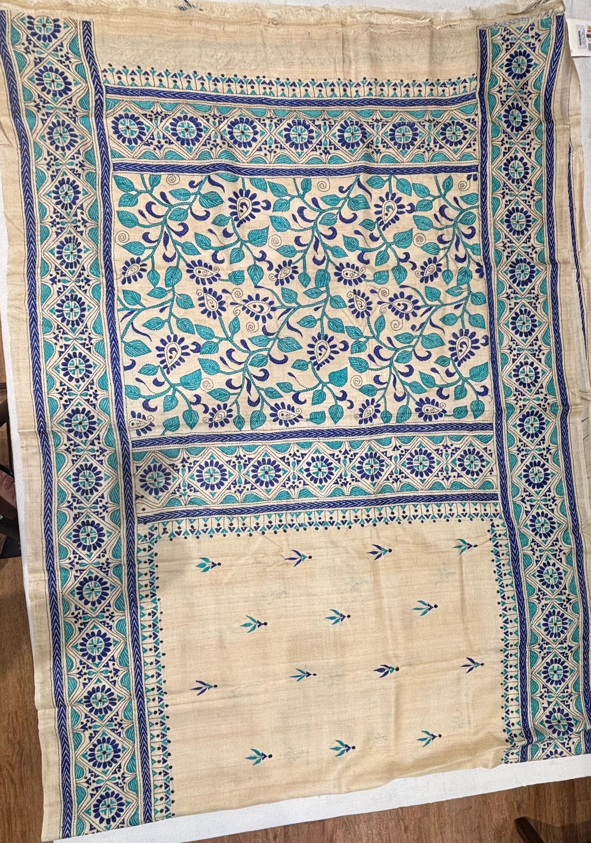Blue Floral Tussar Saree
