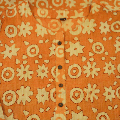 Orange Block Print Viscose Hand Embroidered Slim Fit Kurti