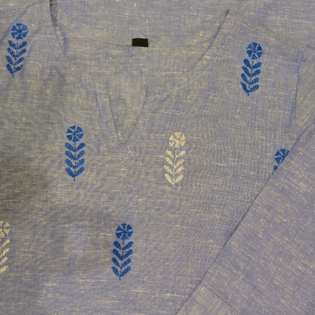 Light Blue Cotton Hand Embroidered Slim Fit Kurti