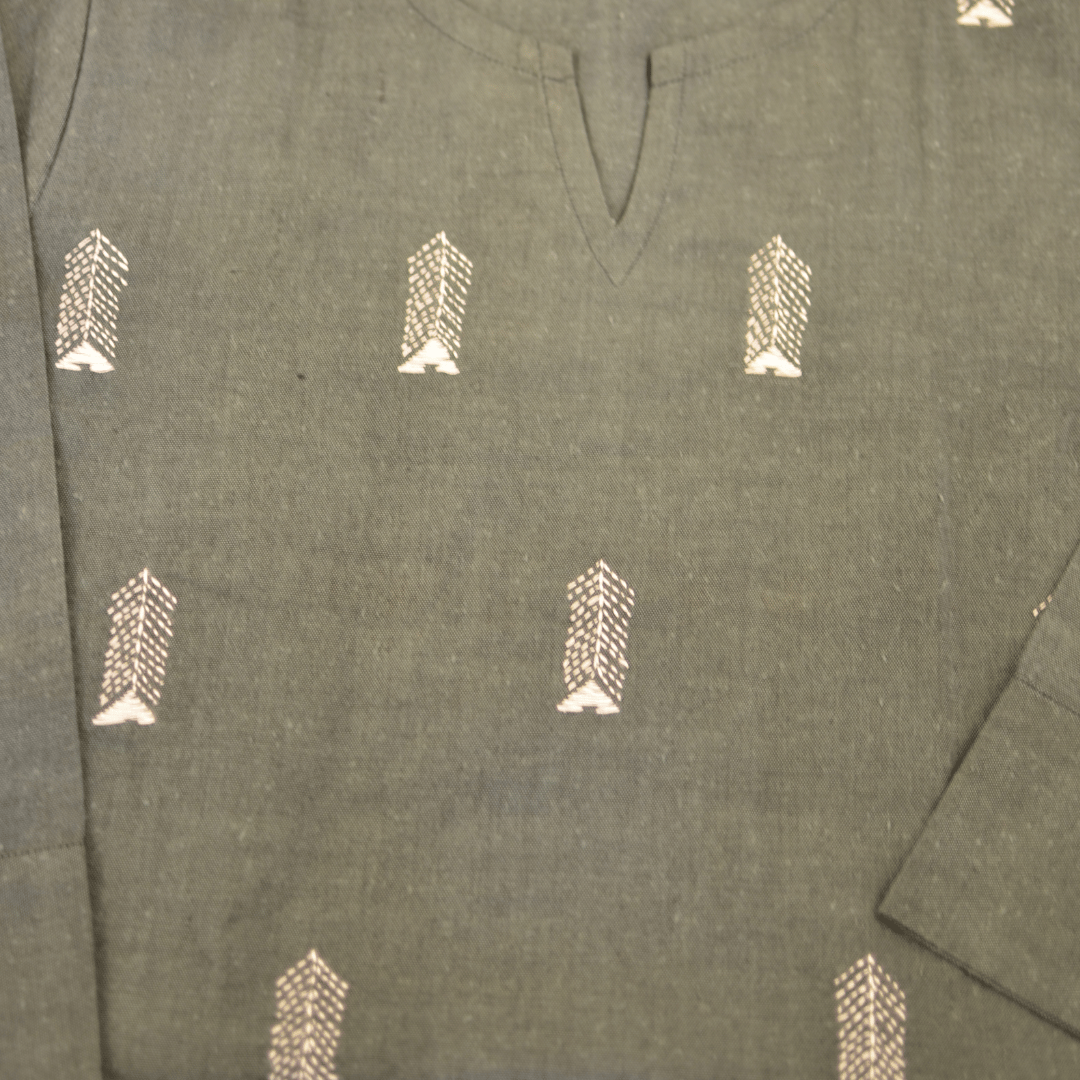 Olive Green Block Cotton Hand Embroidered Slim Fit Kurti