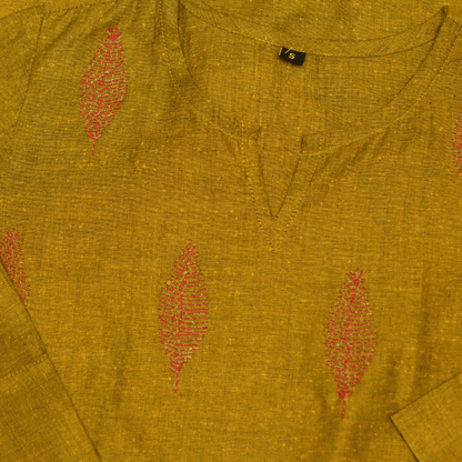 Mustard Cotton Hand Embroidered Slim Fit Kurti