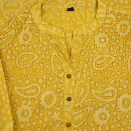 Yellow Block Print Viscose Hand Embroidered Slim Fit Kurti