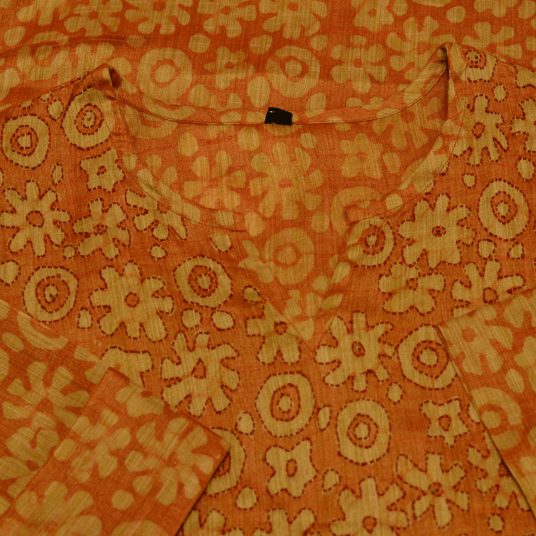Orange Block Cotton Hand Embroidered Slim Fit Kurti