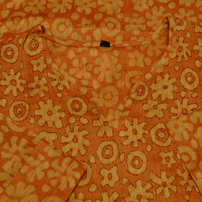 Orange Block Cotton Hand Embroidered Slim Fit Kurti