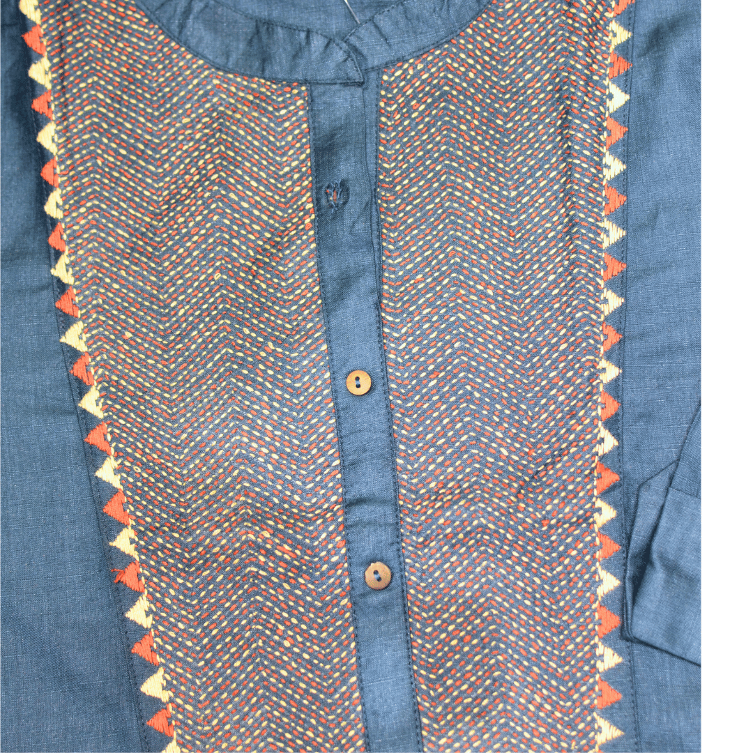 Navy Blue Silk Hand Embroidered Slim Fit Kurti