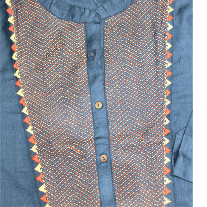 Navy Blue Silk Hand Embroidered Slim Fit Kurti