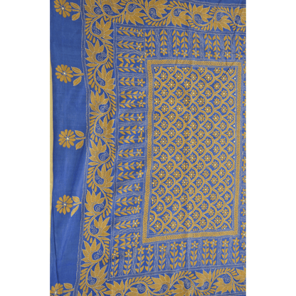 Blue Pure Tussar Silk Saree with Kantha Work
