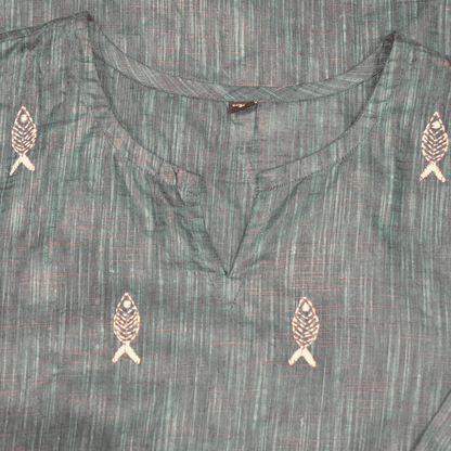 Teal Green Cotton Hand Embroidered Slim Fit Kurti