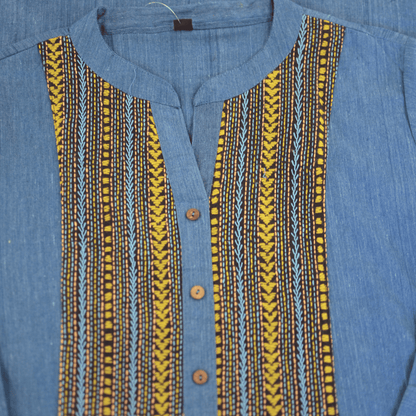 Midnight Blue Cotton Long Hand Embroidered Slim Fit Kurti