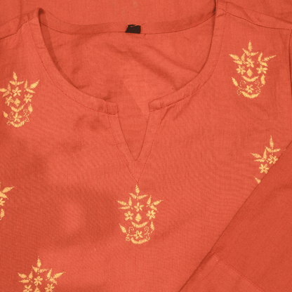 Rust Cotton Hand Embroidered Slim Fit Kurti