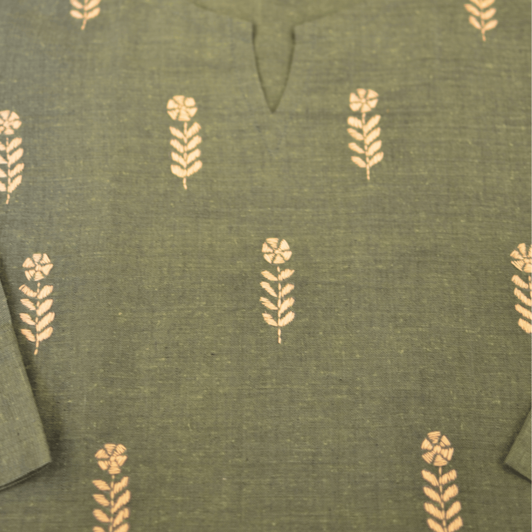 Green Cotton Hand Embroidered Slim Fit Kurti