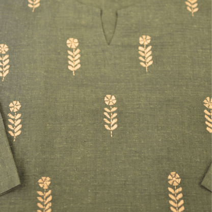 Green Cotton Hand Embroidered Slim Fit Kurti