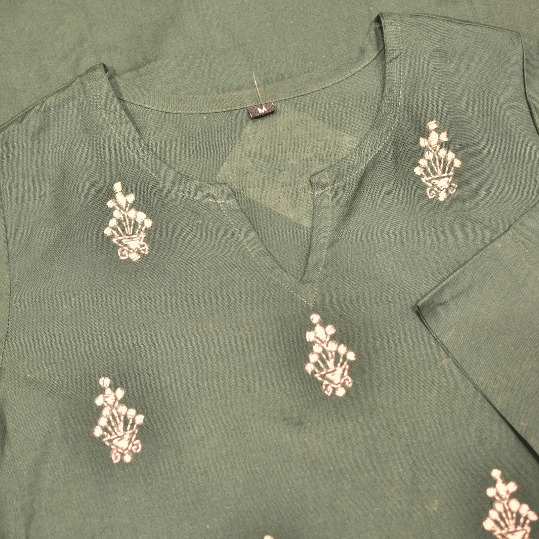 Forest Green Cotton Hand Embroidered Slim Fit Kurti