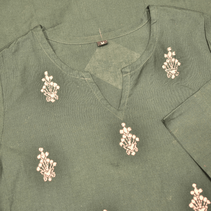 Forest Green Cotton Hand Embroidered Slim Fit Kurti