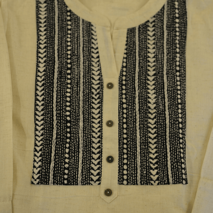 Off White Cotton Hand Embroidered Slim Fit Kurti
