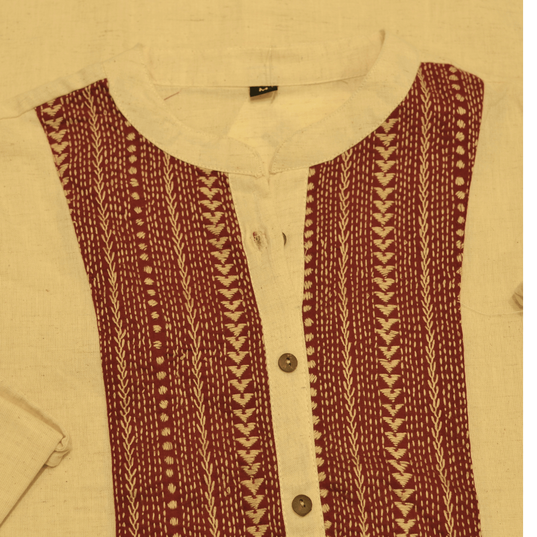 Red Cotton Hand Embroidered Slim Fit Kurti