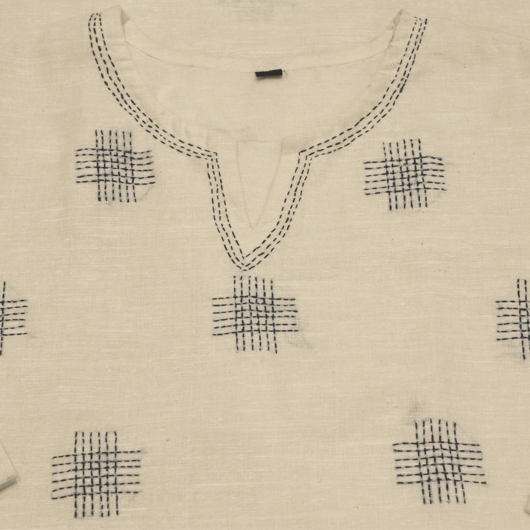 White Cotton Matka Hand Embroidered Slim Fit Kurti