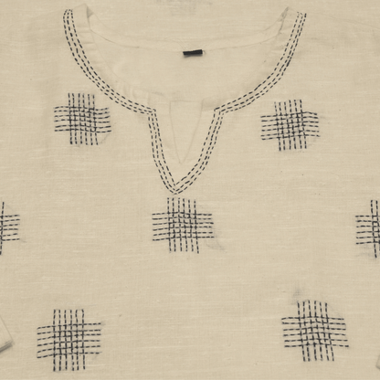 White Cotton Matka Hand Embroidered Slim Fit Kurti