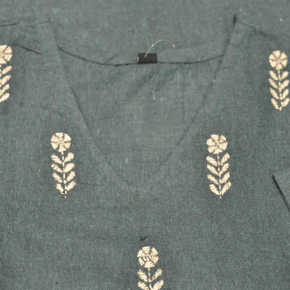 Forest Green Cotton Short Hand Embroidered Slim Fit Kurti