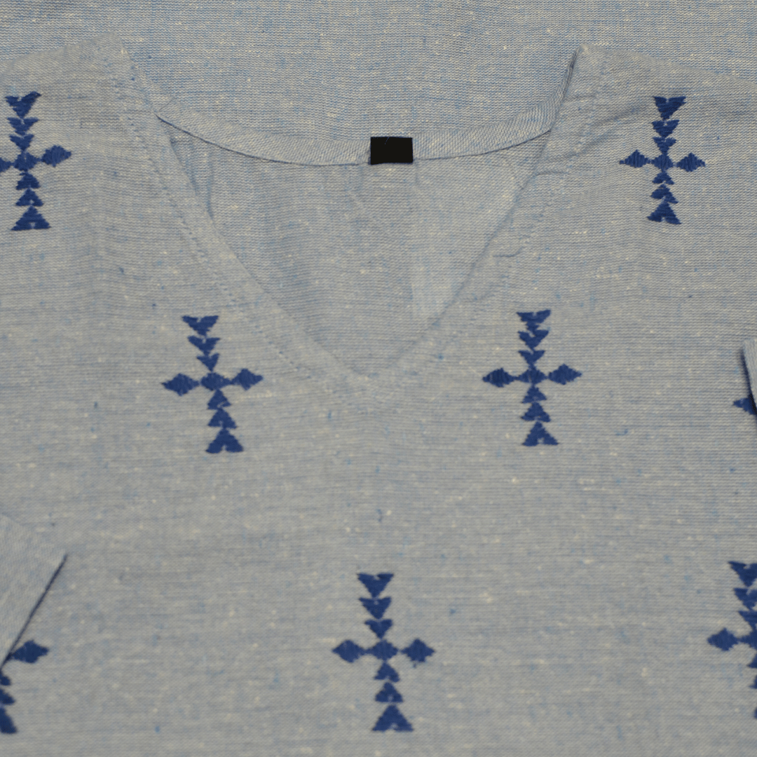 Light Blue Cotton Short Hand Embroidered Slim Fit Kurti