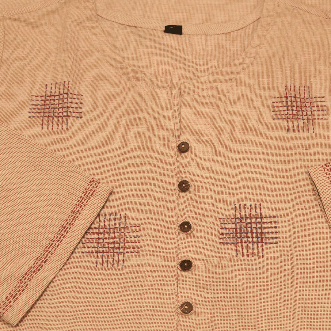 Pink Khadi Cotton Hand Embroidered Slim Fit Kurti