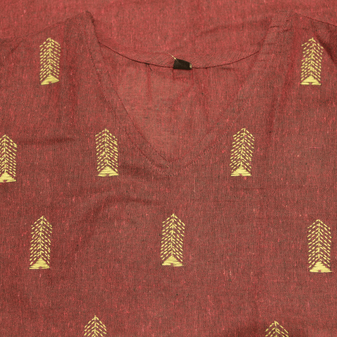 Maroon Cotton Short Hand Embroidered Slim Fit Kurti