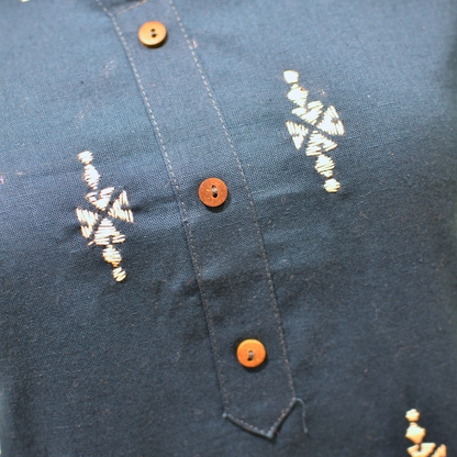 Blue Cotton Hand Embroidered Slim Fit Kurti